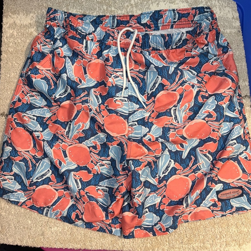 Vineyard Vines Mens Chappy Swim Trunks Medium Blue Pink Crab Shell‎ Board Shorts